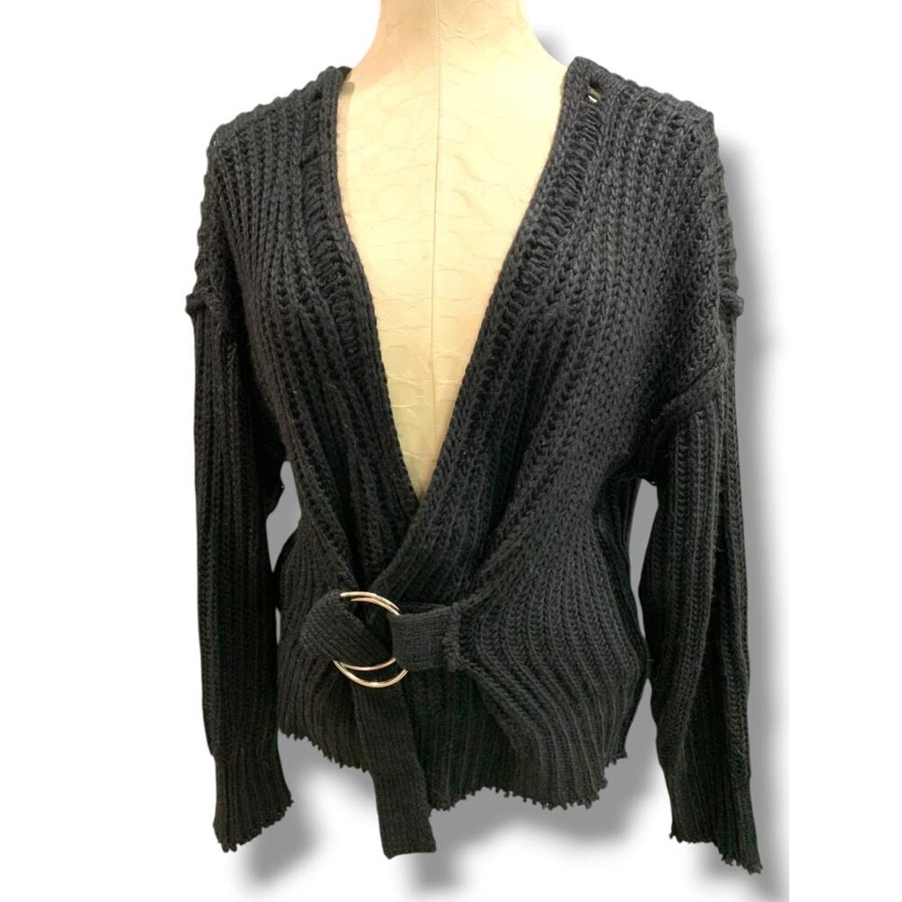 Small Mustard Seed Womens Black Cardigan Sweater O-Ring Buckle